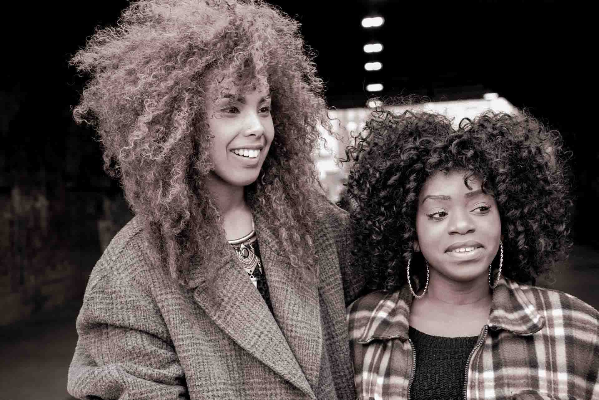 Black and white portrait of two women in London